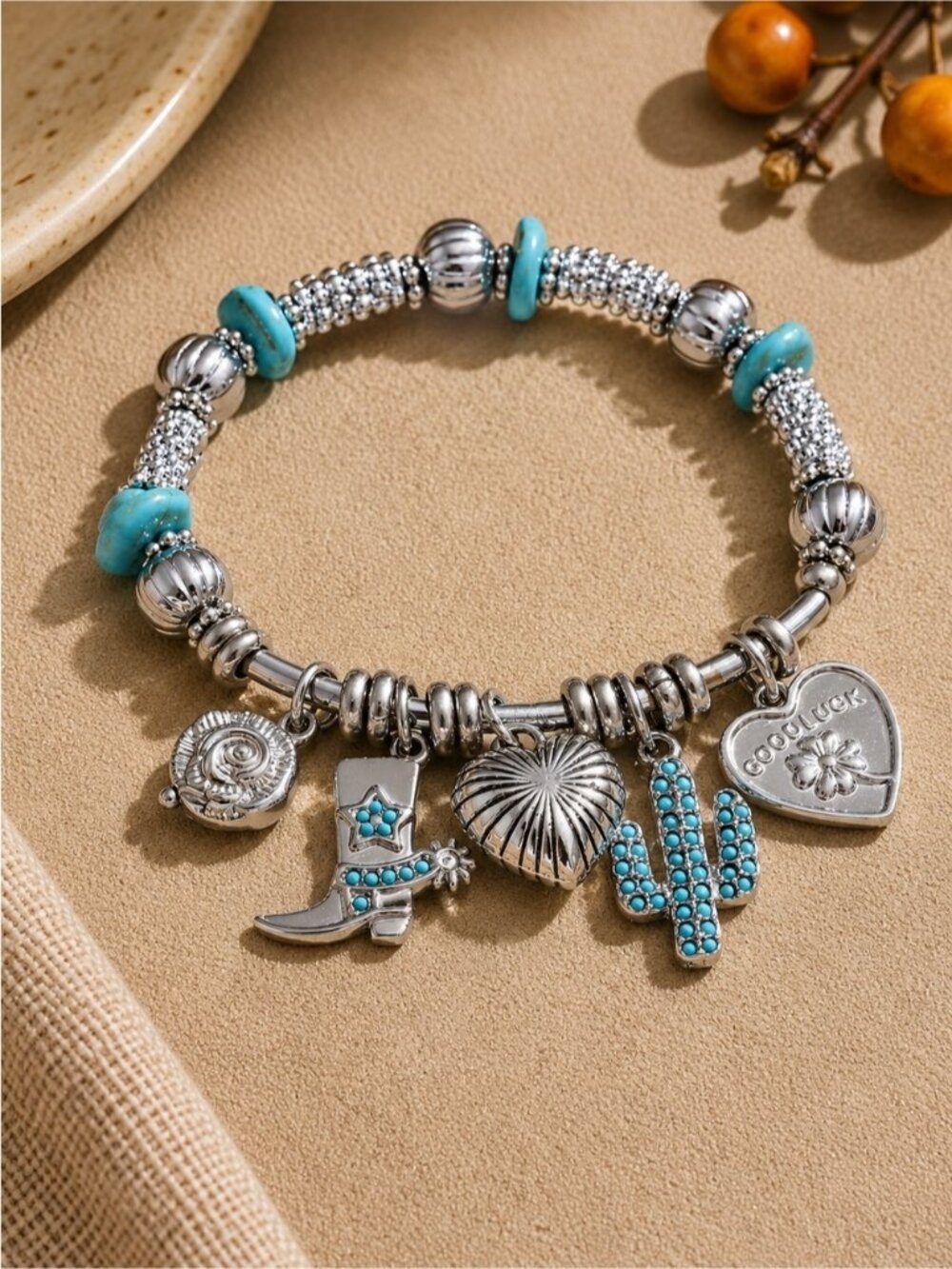 Silver-Tone Bracelet with Turquoise Accents and Western Charms